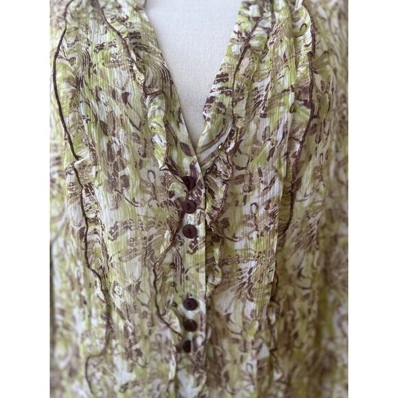 Vintage Y2K Bob Mackie Green White Brown SHEER Silk Boho Whimsigoth Fairy Blouse - Picture 2 of 7